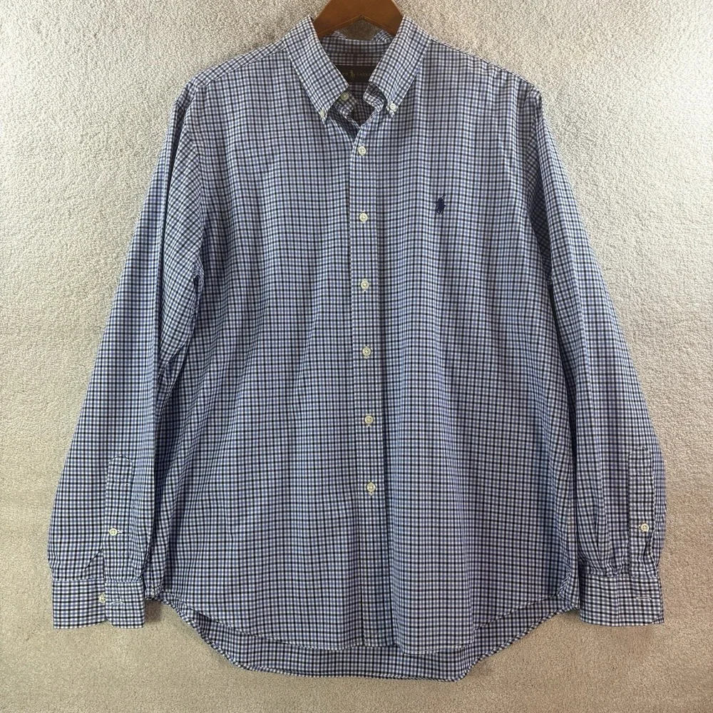 Ralph Lauren Mens 100% Cotton Button Up Navy Blue/Black White Plaid LS XL Shirt